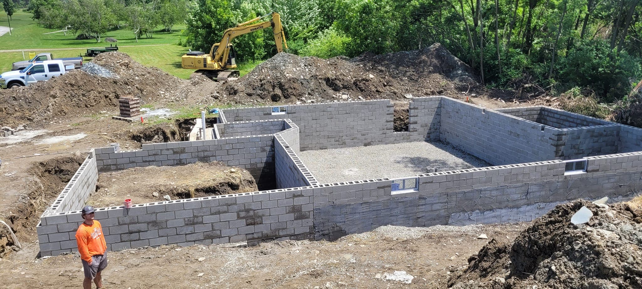 Block foundation construction site masonry work in Erie, PA